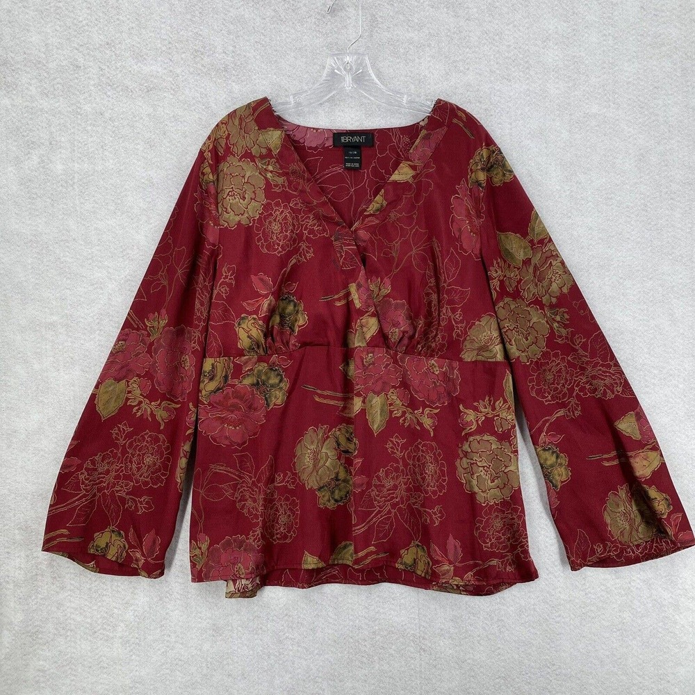 Lane Bryant Blouse Women 18/20 Bell Sleeve Red Floral Career Faux Wrap Top Shirt